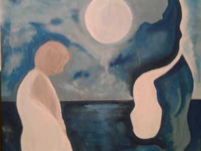 Io e la luna, acrilico e colla su tavola